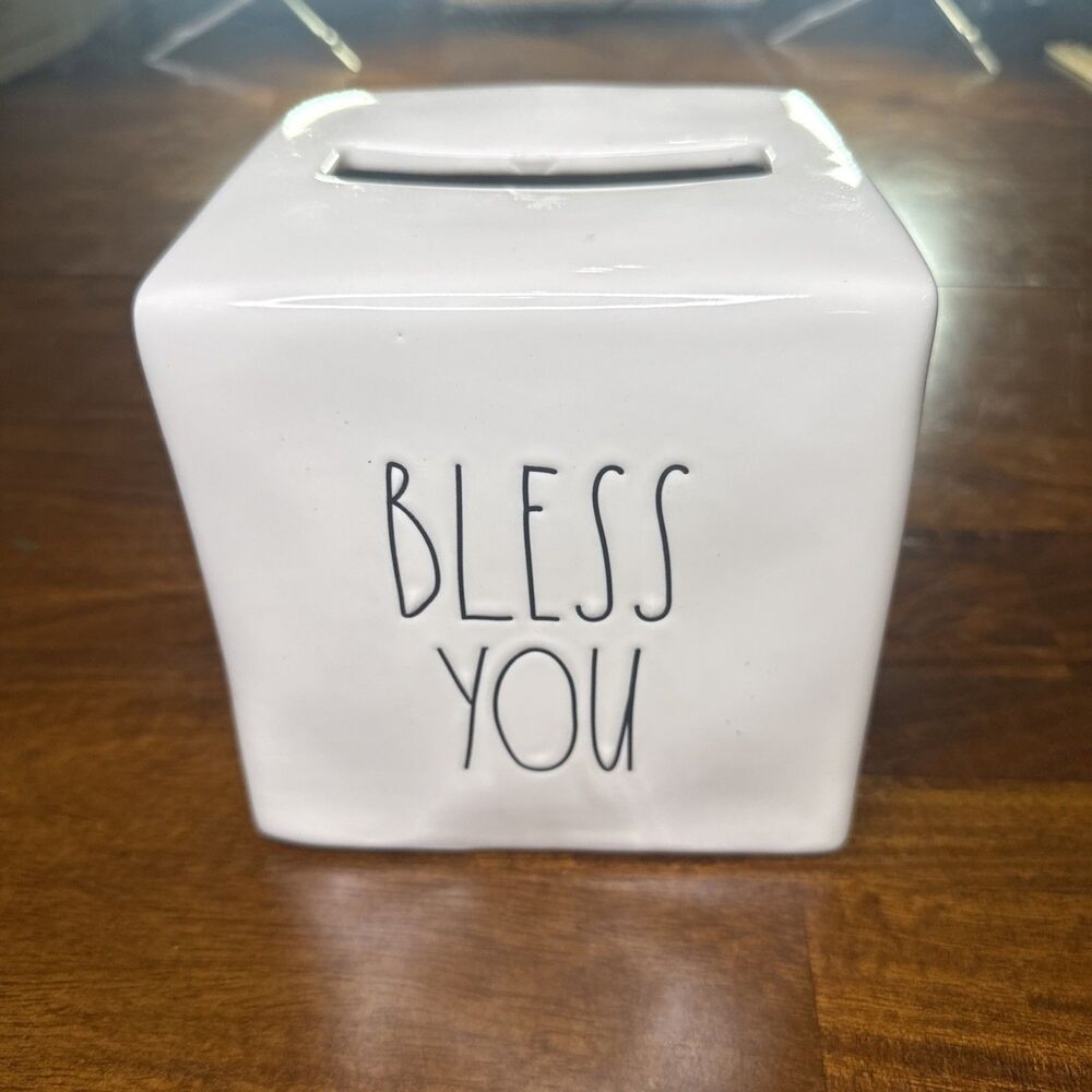 Rae Dunn White Ceramic Tissue Box Cover Bless You Artisan Collection Square